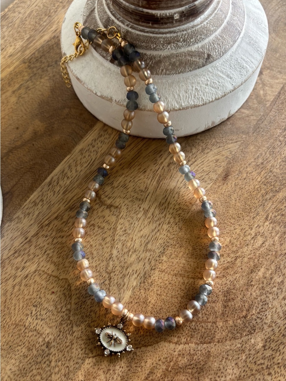 Handmade Dainty Bee Necklace | Blush Pearl & Smoky Crystal | 15” + 2” Extender